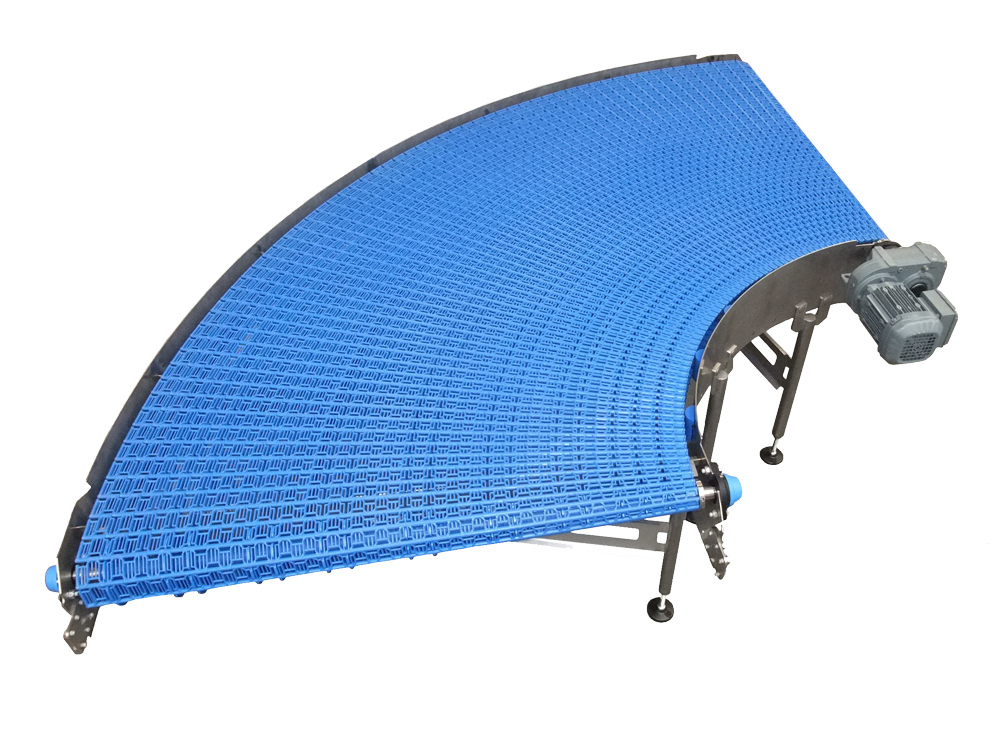 CURVED CONVEYOR WITH OPEN “EASY TO CLEAN” BELT